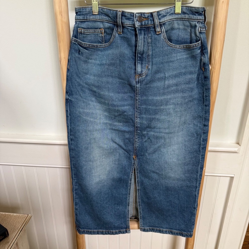 Lands End Womens Blue Denim Pencil Midi Skirt Front Slit Stretch Size 8